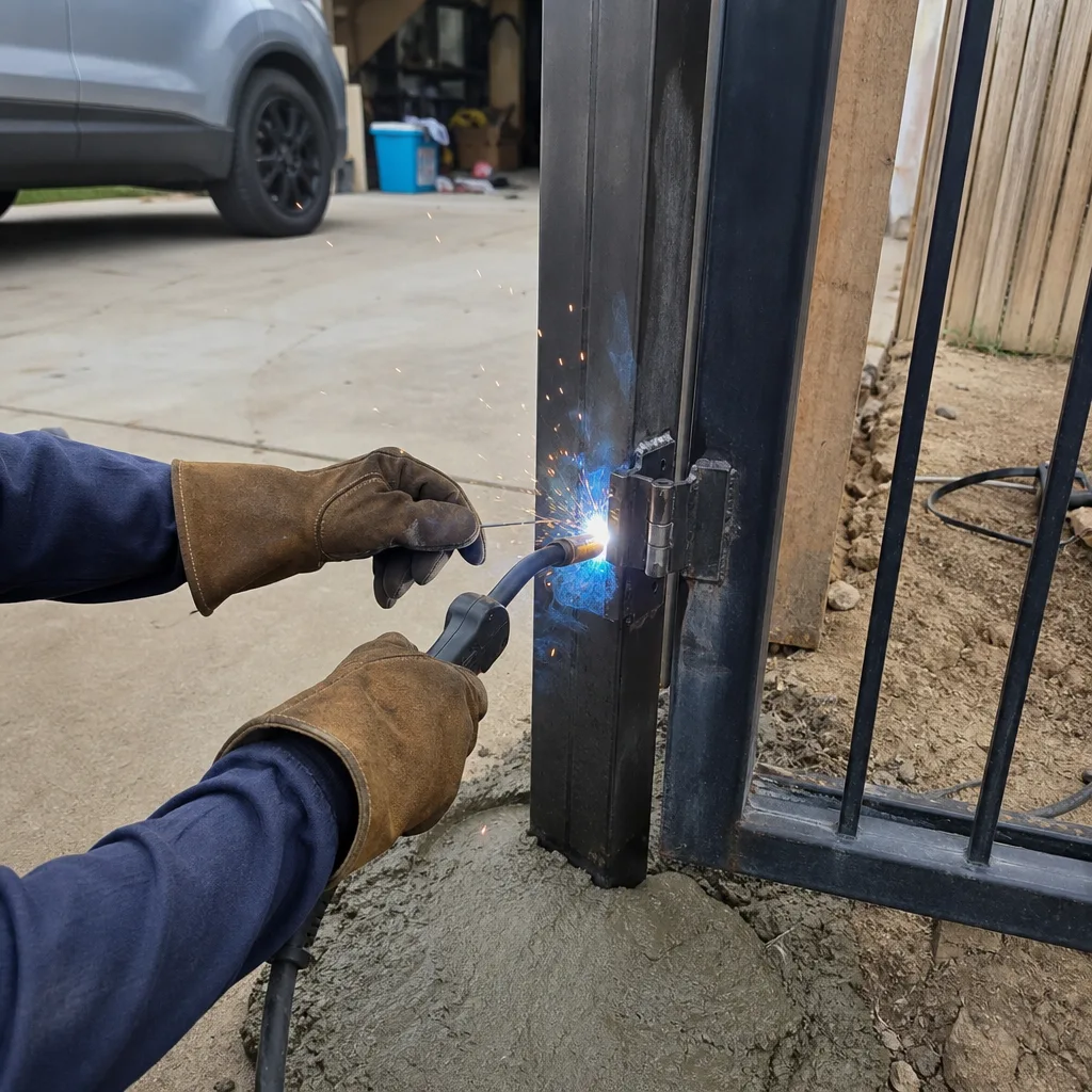 Welder installing metal gate hinge on a post