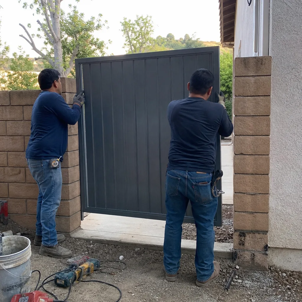 Two professionals installing a modern metal gate between brick pillars.