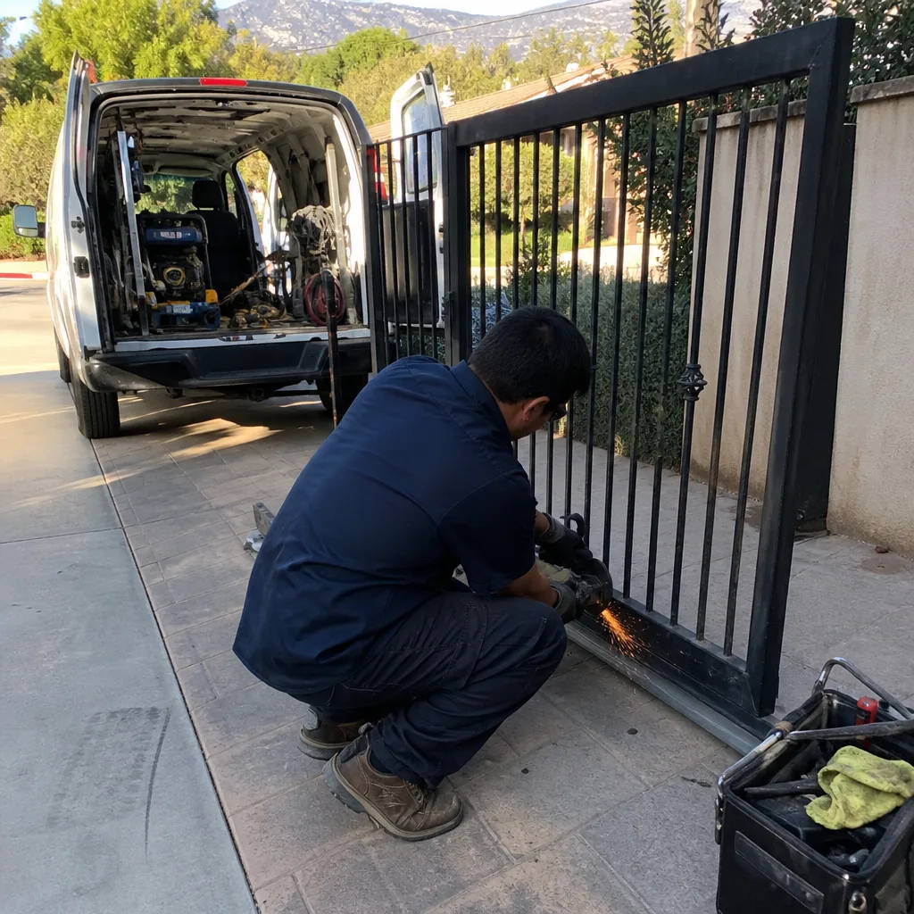 professional gate repair service technician using metal grinder on residential gate