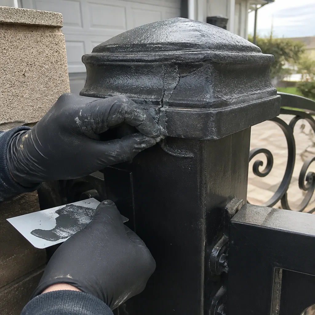 professional repairing a cracked metal gate post with epoxy filler