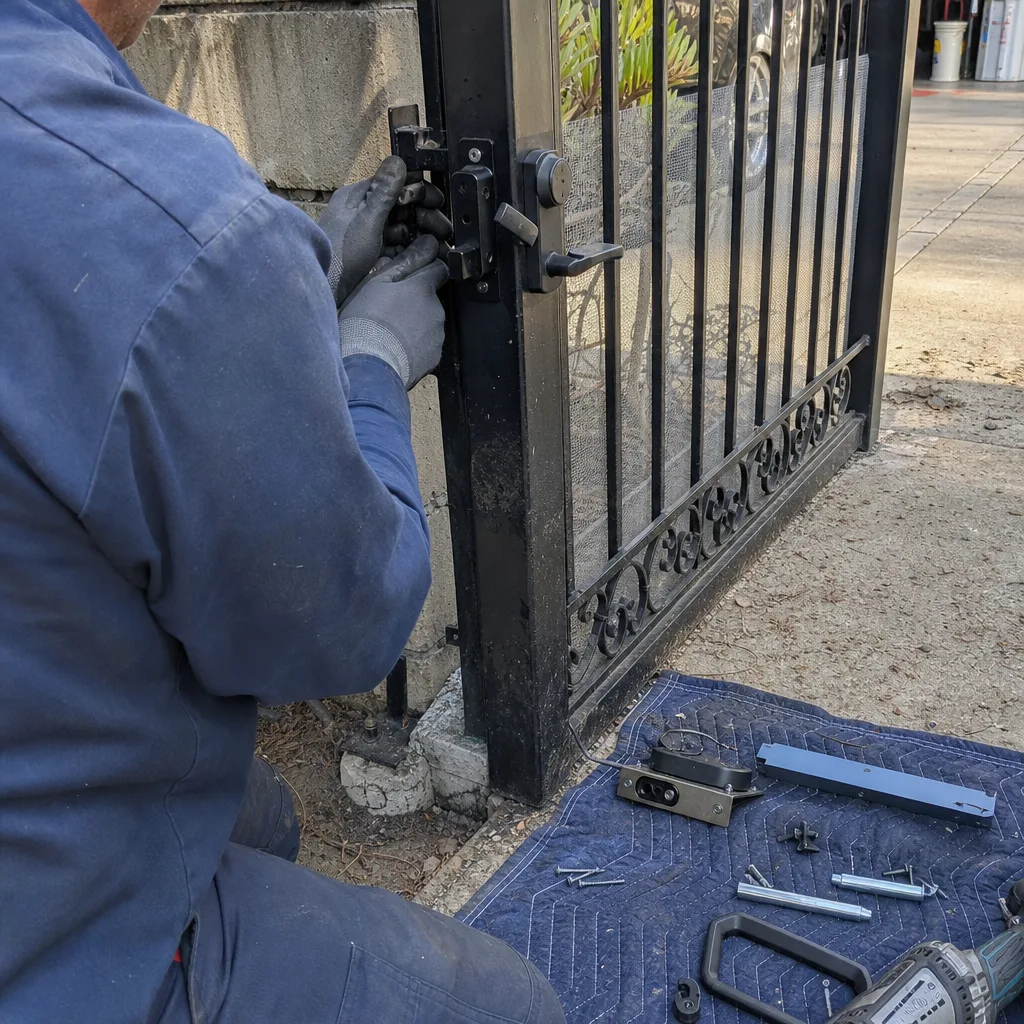 Technician performing professional gate latch repair and maintenance